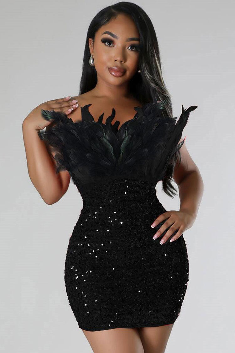 Sexy Feather Trim Strapless Bodycon Velvet Sequin Party Mini Dress - Black Fashionpara