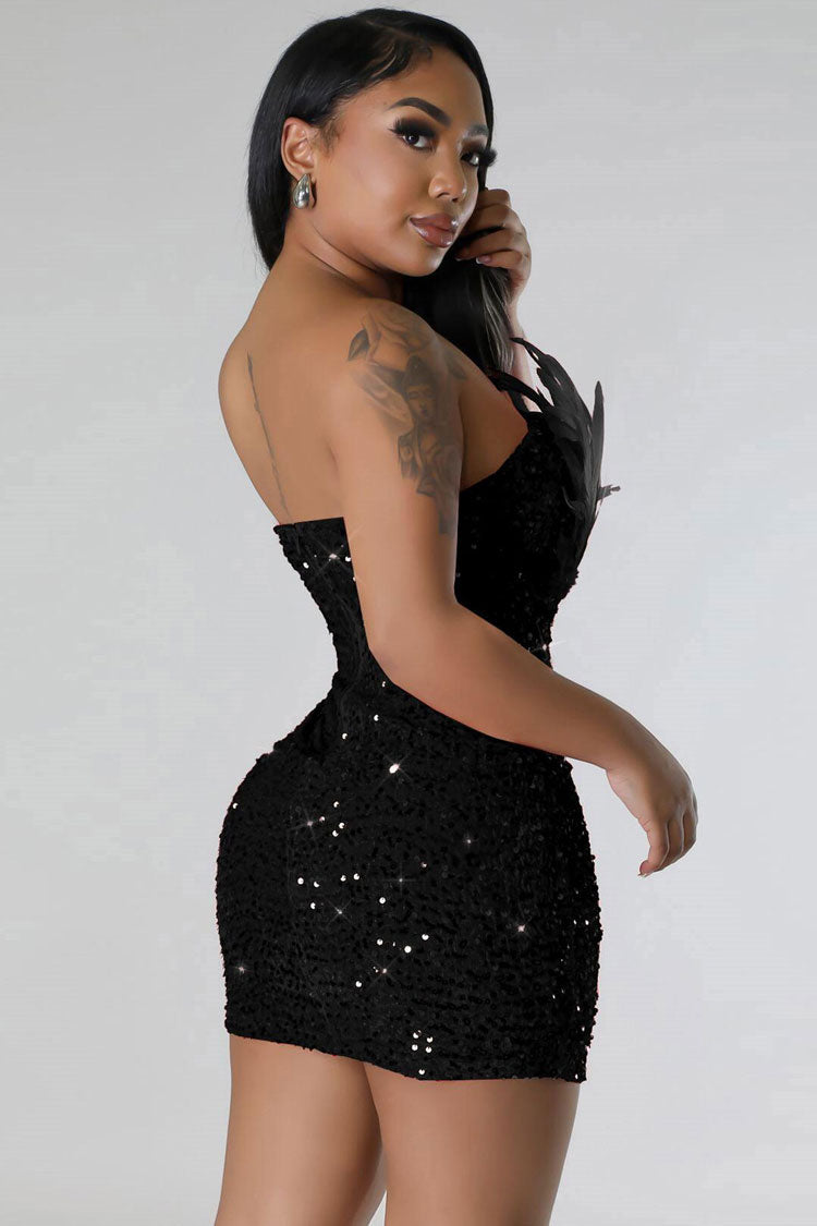 Sexy Feather Trim Strapless Bodycon Velvet Sequin Party Mini Dress - Black Fashionpara