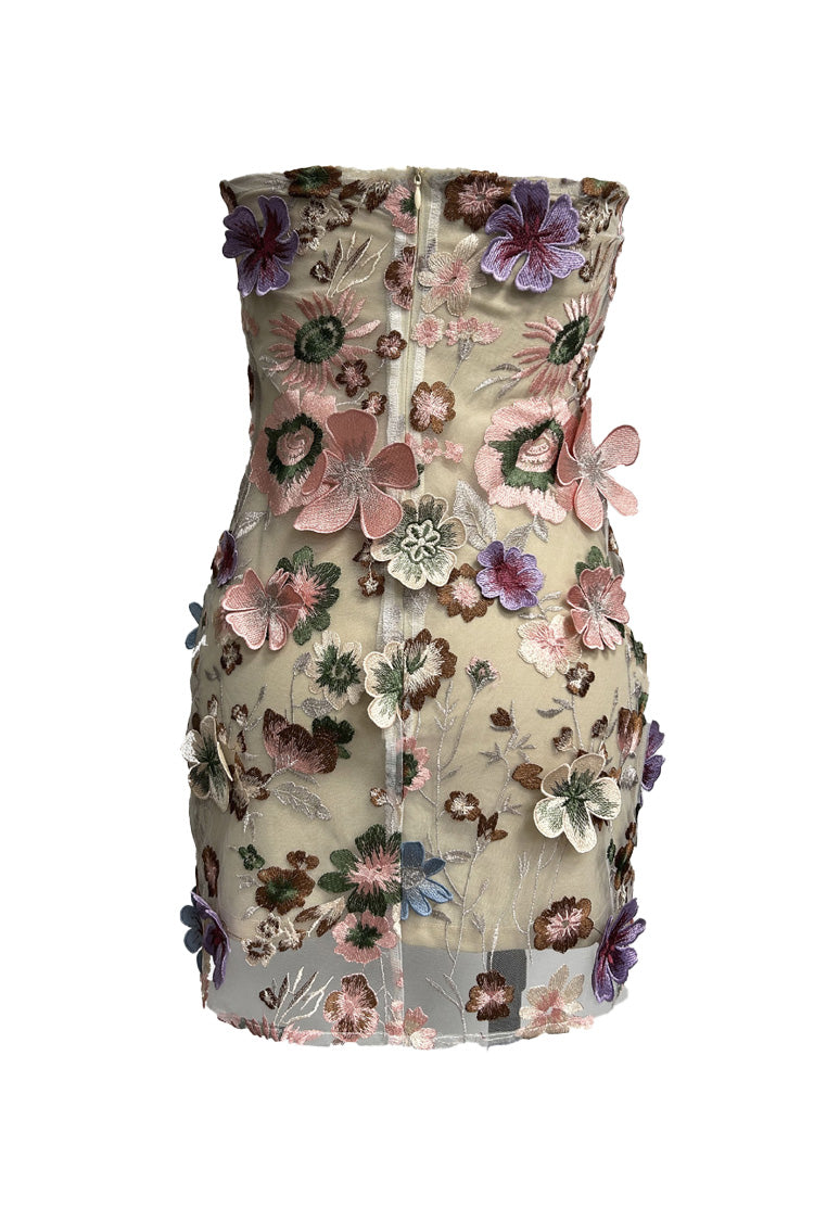 Sexy Floral Embroidered Strapless Mesh Bodycon Party Micro Mini Dress - Fashionpara