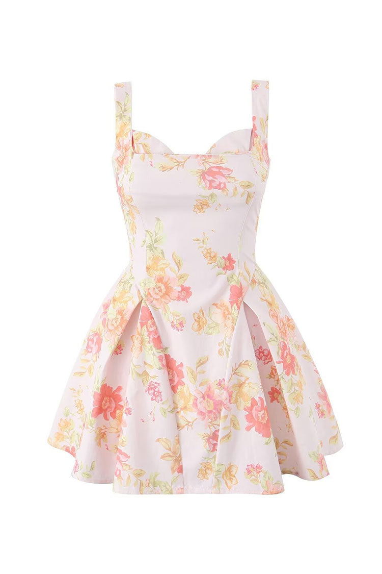 Sexy Floral Print Layere Neck Gathered Drop Waist Tulle Mini Sundress - Fashionpara