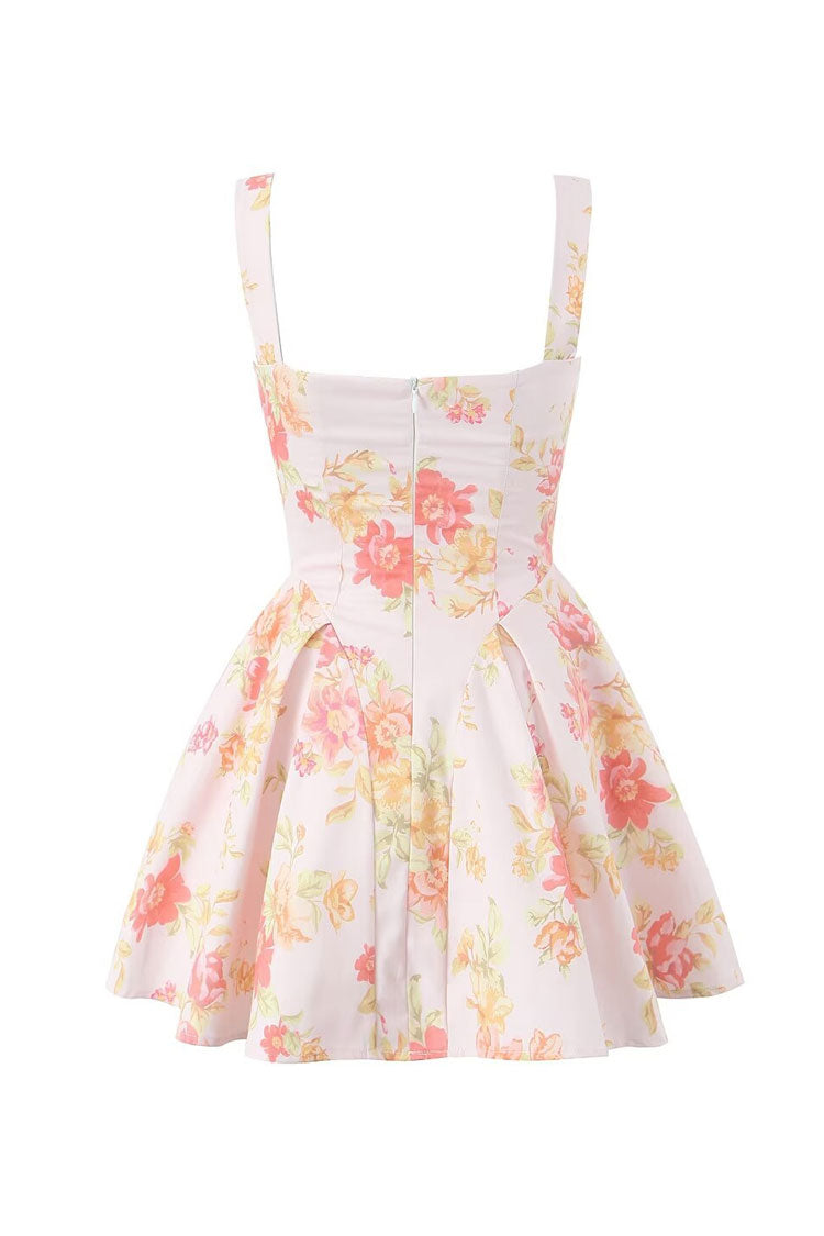Sexy Floral Print Layere Neck Gathered Drop Waist Tulle Mini Sundress - Fashionpara