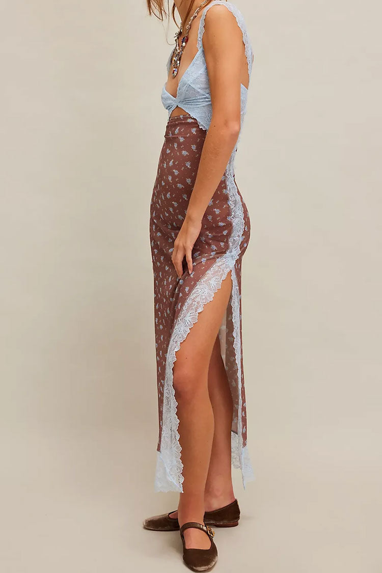 Sexy Floral Print Scalloped Lace Cap Sleeve Cutout Summer Slip Midi Dress