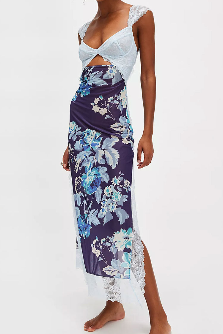 Sexy Floral Print Scalloped Lace Cap Sleeve Cutout Summer Slip Midi Dress