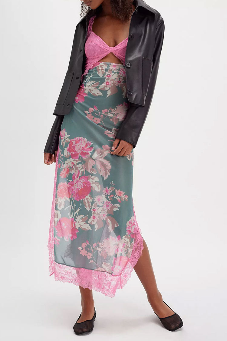 Sexy Floral Print Scalloped Lace Cap Sleeve Cutout Summer Slip Midi Dress