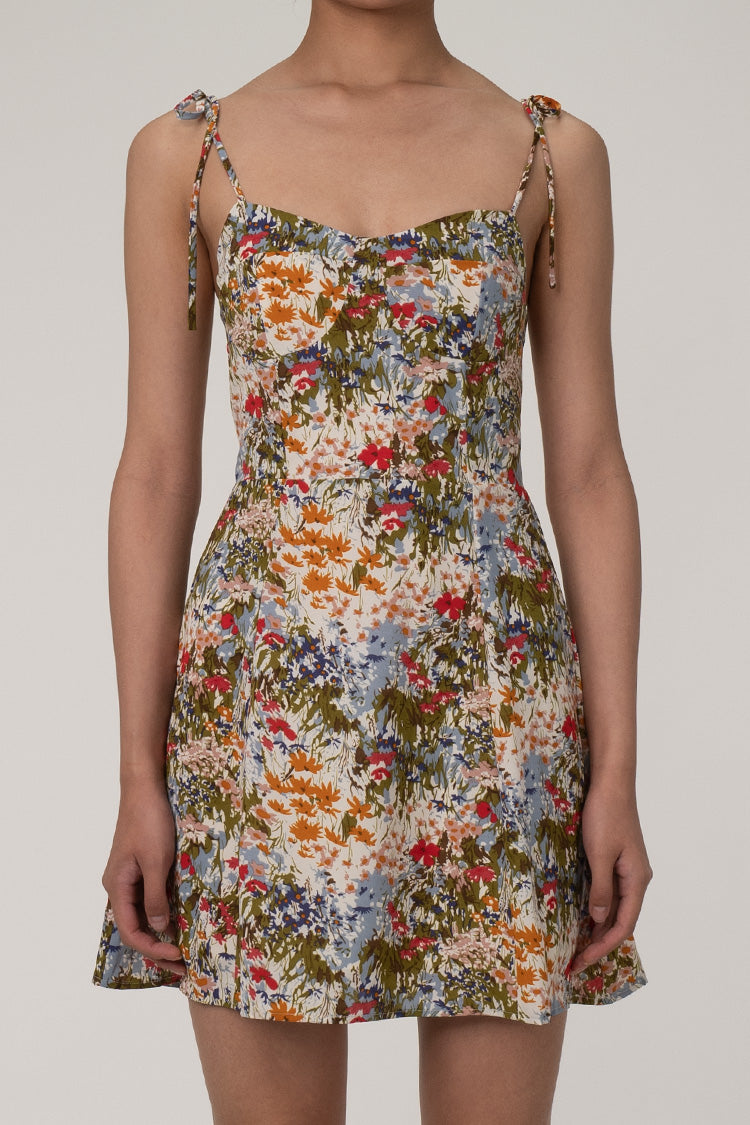 Sexy Floral Print Tie Shoulder Bustier Smocked Summer Skater Mini Sundress