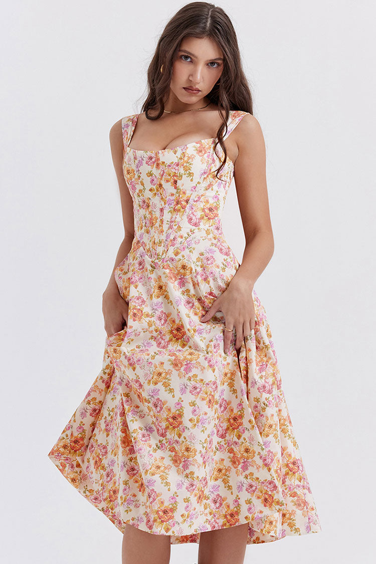Sexy Floral Printed Lace Up Back High Split Corset Mini Sundress - Orange  Fashionpara