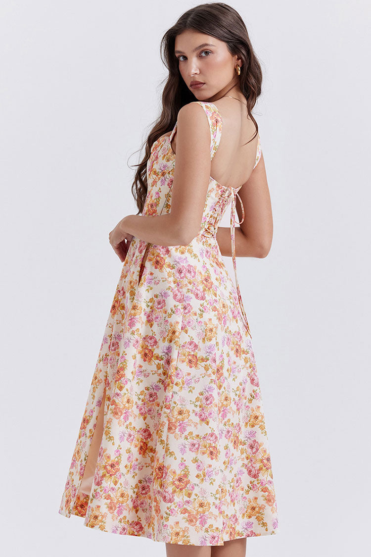 Sexy Floral Printed Lace Up Back High Split Corset Mini Sundress - Orange  Fashionpara