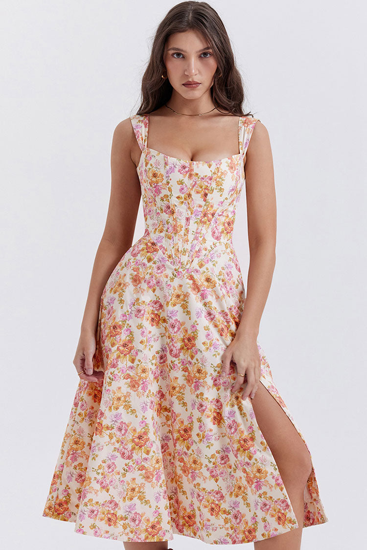 Sexy Floral Printed Lace Up Back High Split Corset Mini Sundress - Orange  Fashionpara