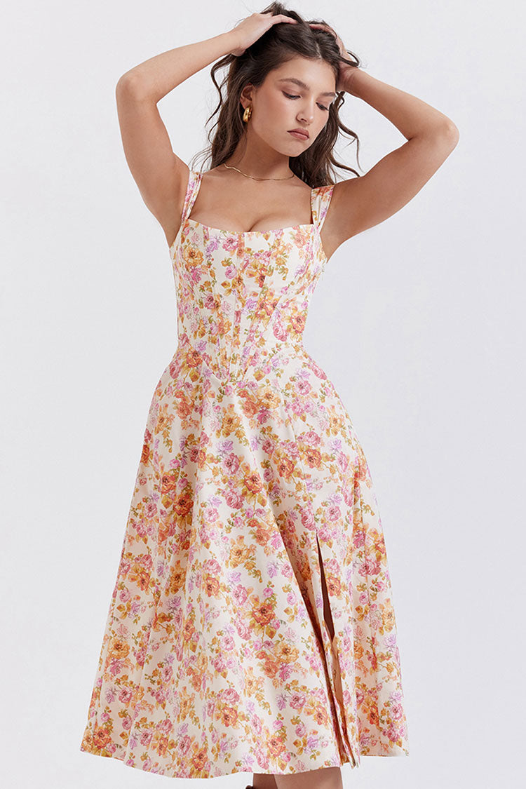 Sexy Floral Printed Lace Up Back High Split Corset Mini Sundress - Orange  Fashionpara