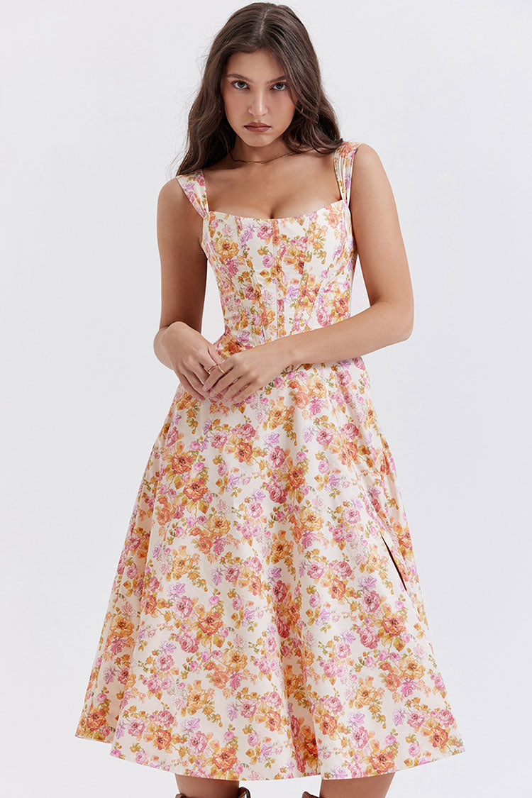 Sexy Floral Printed Lace Up Back High Split Corset Mini Sundress - Orange  Fashionpara