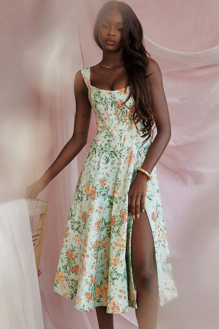 Sexy Floral Printed Lace Up Back High Split Corset Mini Sundress - Green  Fashionpara