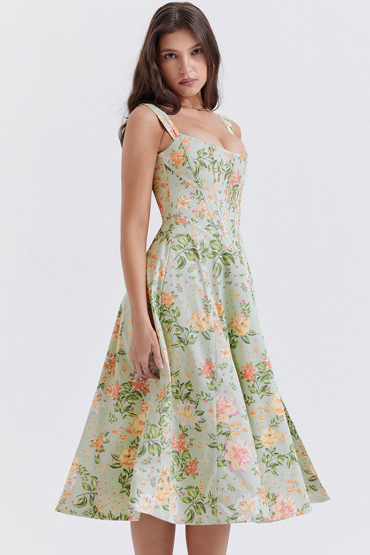Sexy Floral Printed Lace Up Back High Split Corset Mini Sundress - Green  Fashionpara