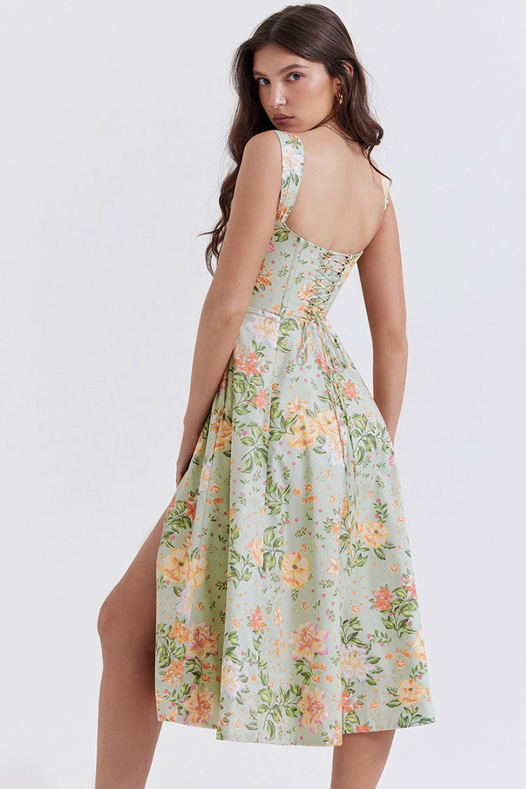 Sexy Floral Printed Lace Up Back High Split Corset Mini Sundress - Green  Fashionpara