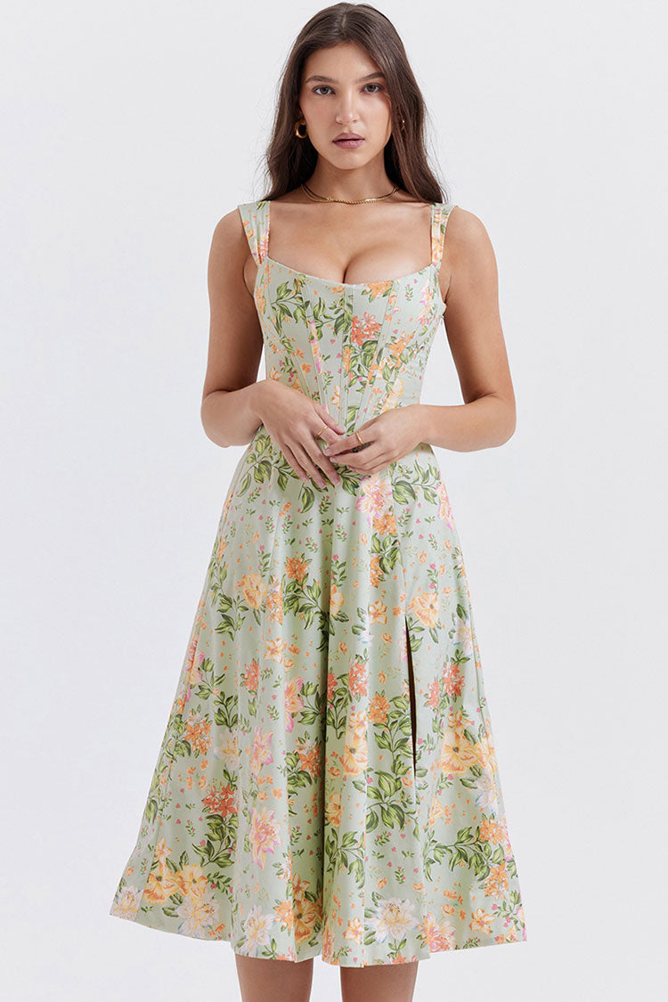 Sexy Floral Printed Lace Up Back High Split Corset Mini Sundress - Green  Fashionpara