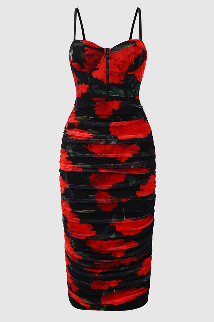 Sexy Floral Printed Mesh Ruched Bodycon Cocktail Party Midi Dress - Black - Fashionpara