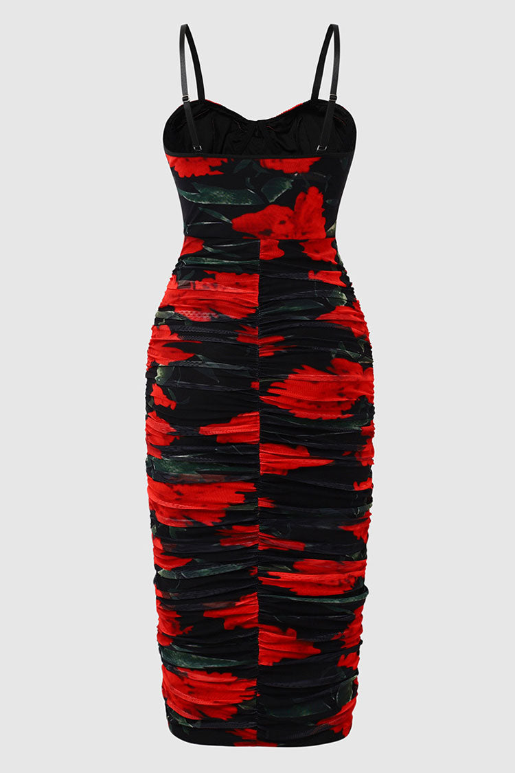 Sexy Floral Printed Mesh Ruched Bodycon Cocktail Party Midi Dress - Black - Fashionpara