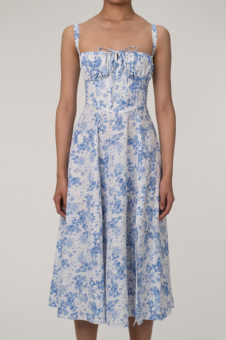 Sexy Floral Tie Front Lace Up Back Fit & Flare Split Midi Sundress - Blue  Fashionpara