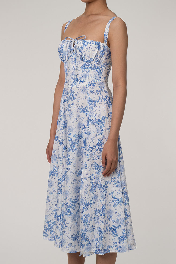 Sexy Floral Tie Front Lace Up Back Fit & Flare Split Midi Sundress - Blue  Fashionpara