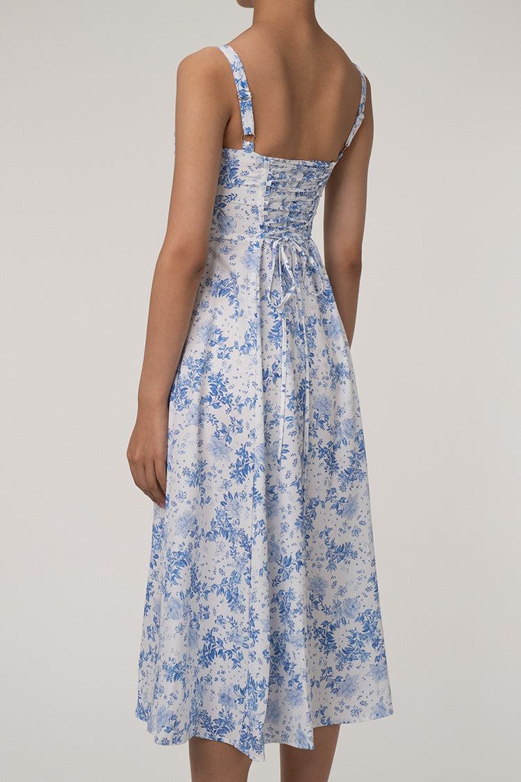 Sexy Floral Tie Front Lace Up Back Fit & Flare Split Midi Sundress - Blue  Fashionpara