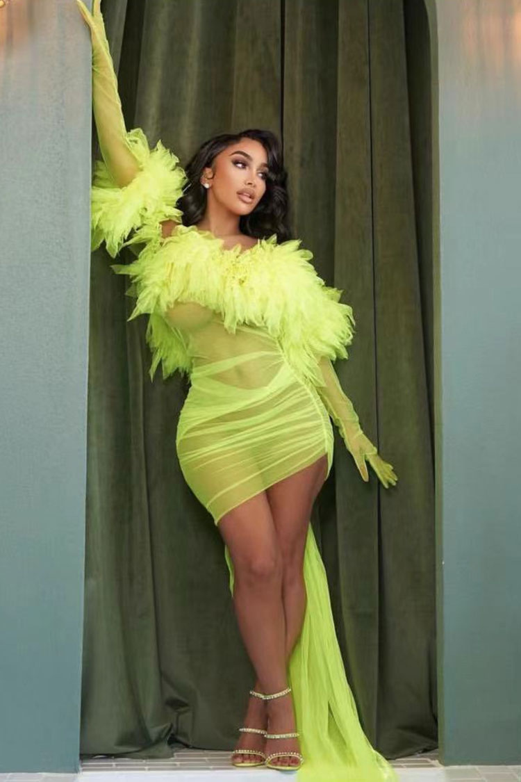 Sexy Gloved Ruffle Off Shoulder Draped Sheer Ruched Mesh Mini Dress - Neon Yellow Fashionpara