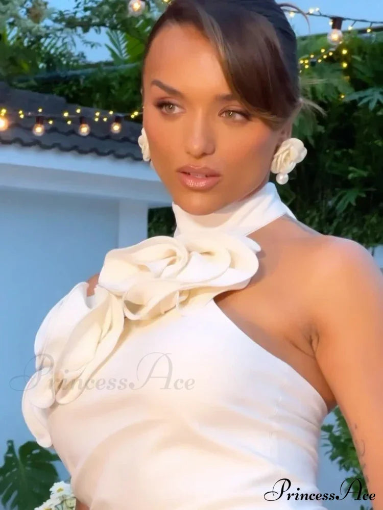 Sexy Halter Backless 3D Flower White Sleeveless High Split Christmas Party Dress