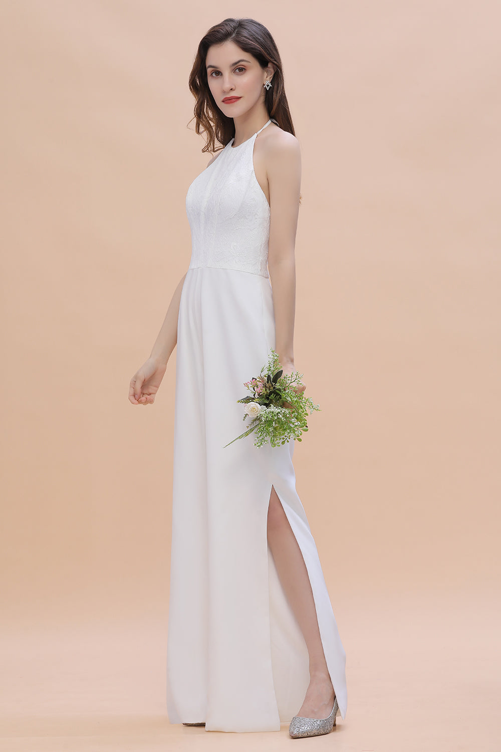 Sexy Halter Backless Lace Bridesmaid Jumpsuit with Slits On Sale - Fashionpara