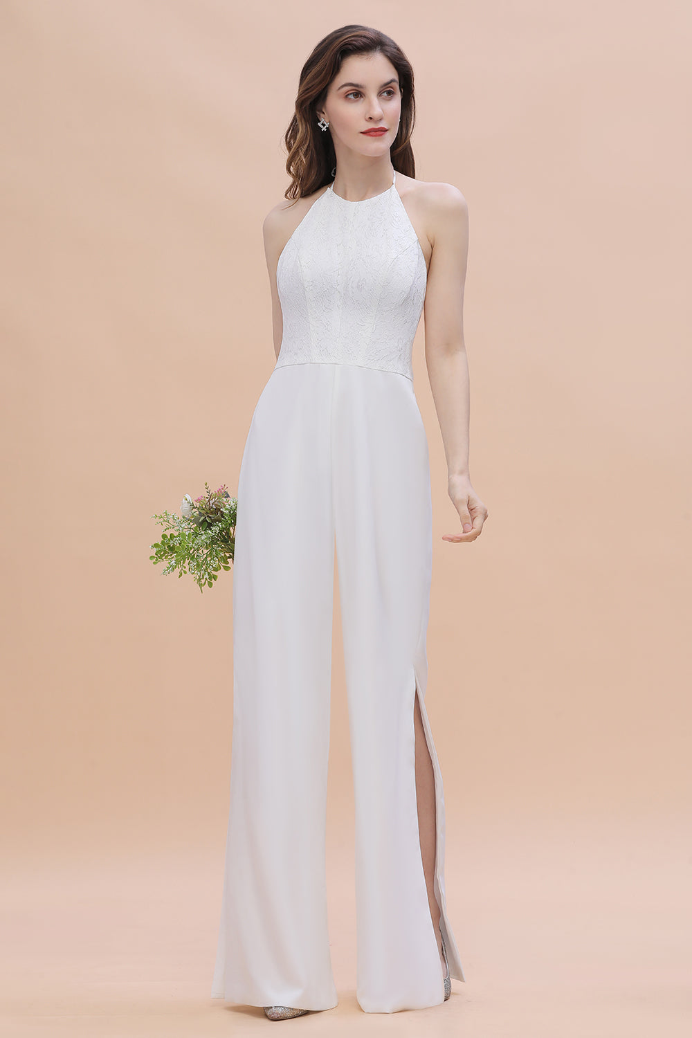 Sexy Halter Backless Lace Bridesmaid Jumpsuit with Slits On Sale - Fashionpara