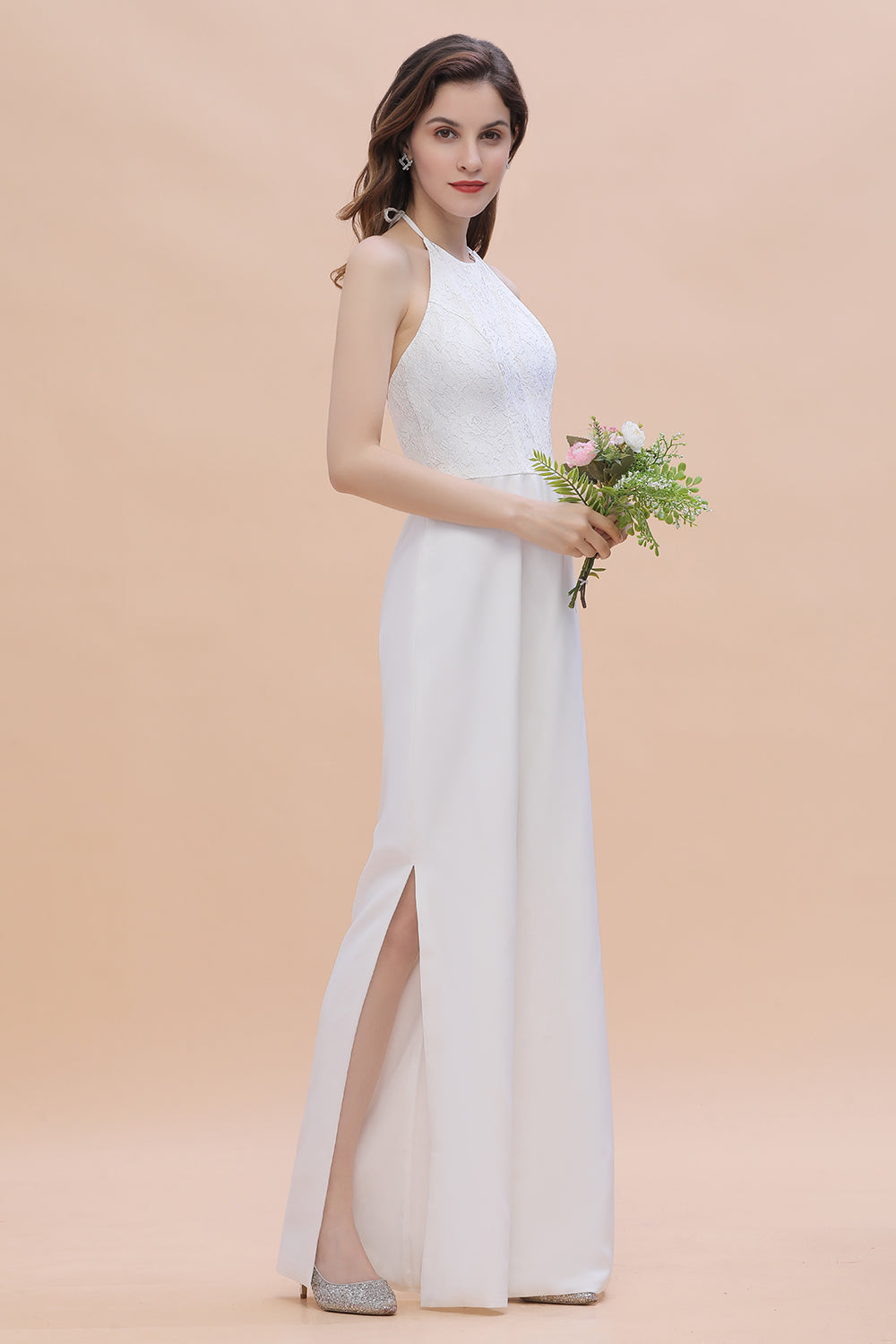Sexy Halter Backless Lace Bridesmaid Jumpsuit with Slits On Sale - Fashionpara