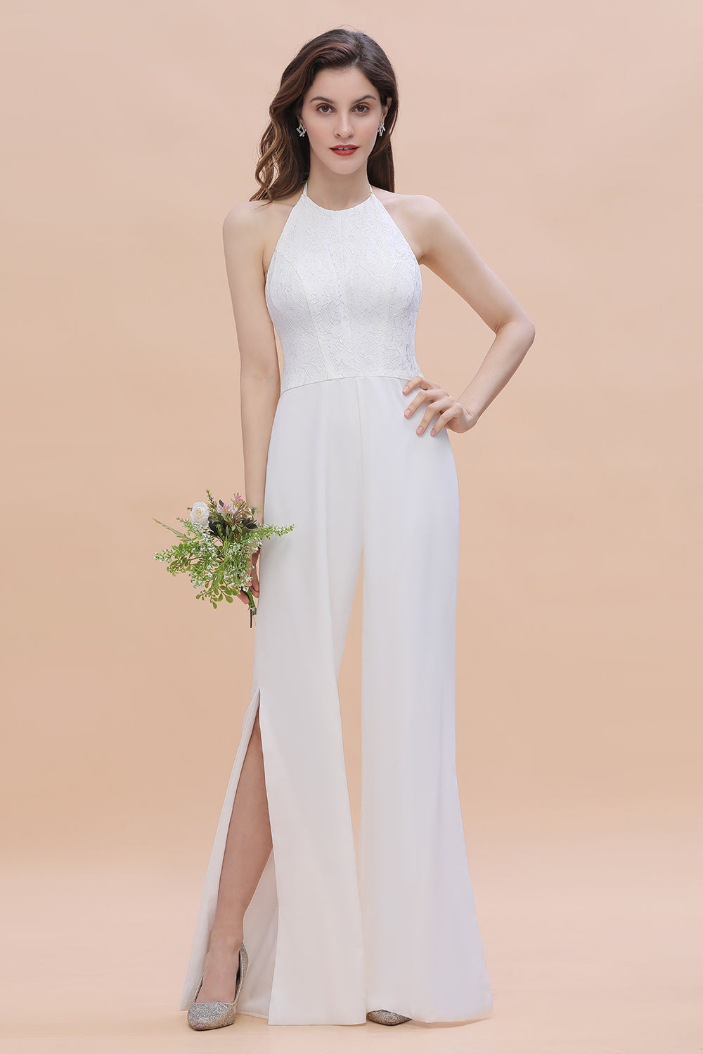 Sexy Halter Backless Lace Bridesmaid Jumpsuit with Slits On Sale - Fashionpara