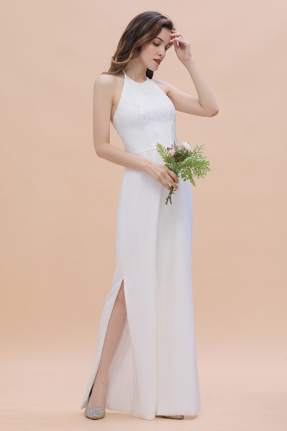 Sexy Halter Backless Lace Bridesmaid Jumpsuit with Slits On Sale - Fashionpara