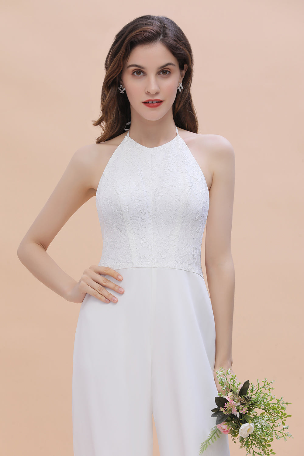 Sexy Halter Backless Lace Bridesmaid Jumpsuit with Slits On Sale - Fashionpara