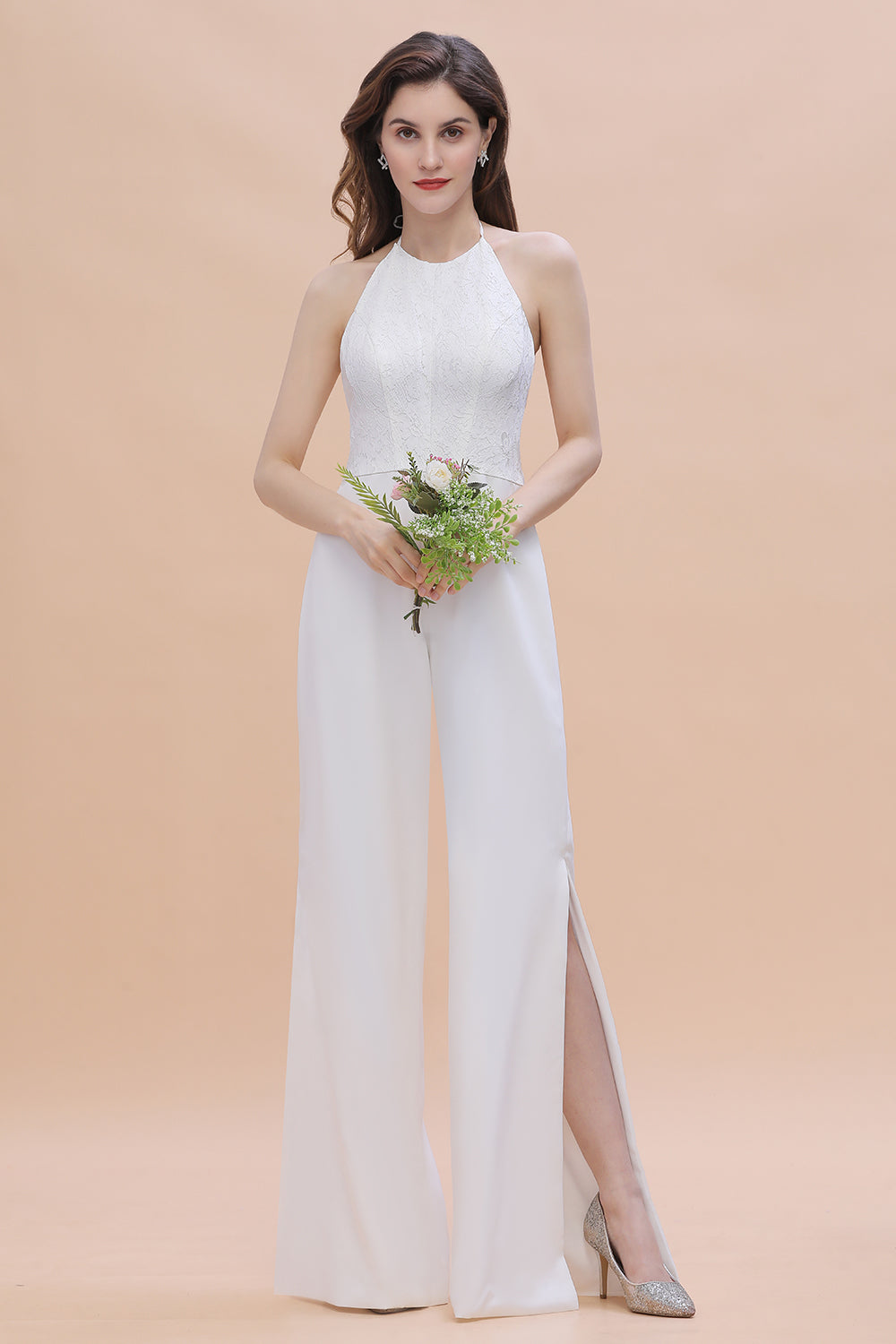 Sexy Halter Backless Lace Bridesmaid Jumpsuit with Slits On Sale - Fashionpara