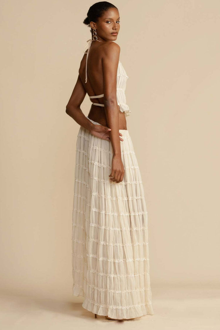 Sexy Halter Backless Lettuce Trim Ruched Chiffon Top Two Piece Maxi Dress