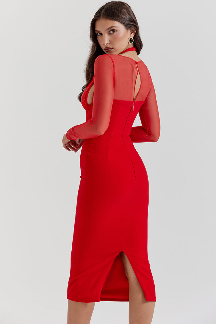 Sexy Halter Deep V Cold Shoulder Long Sleeve Bodycon Cocktail Party Midi Dress - Red Fashionpara