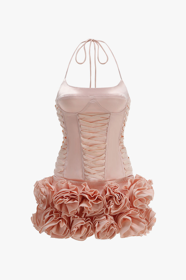 Sexy Halter Lace Up Corset Tiered Rosette Skirt Two Piece Mini Dress