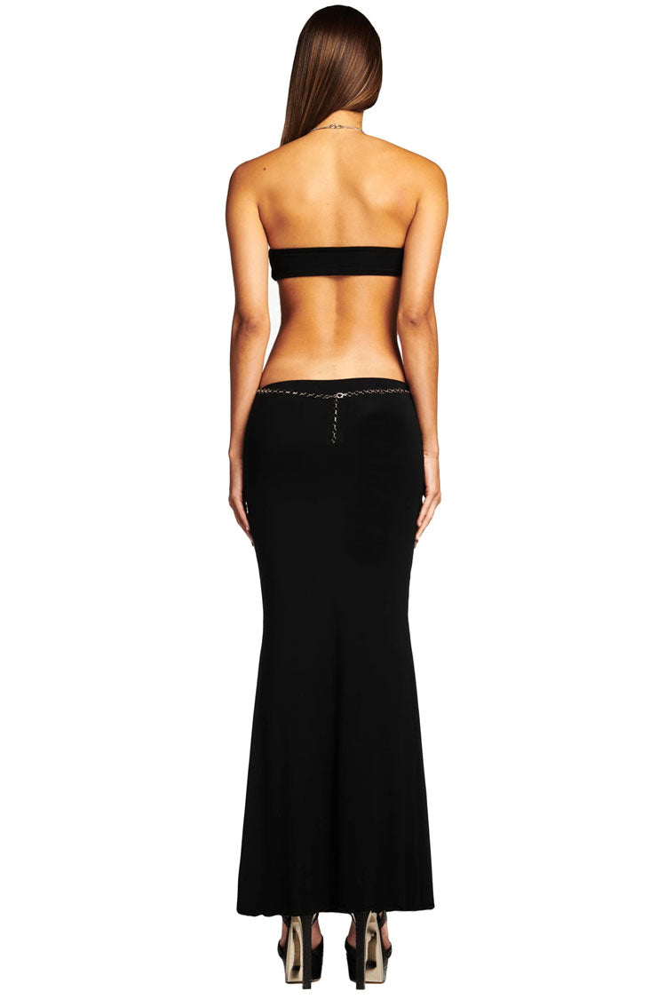 Sexy Halter Neck Chain Trim Cutout Maxi Evening Dress - Black - Fashionpara