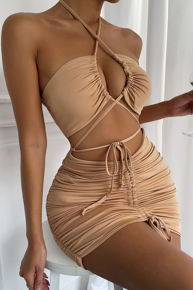 Sexy Halter Neck Cutout Drawstring Tie Ruched Bodycon Party Mini Dress - Khaki Fashionpara