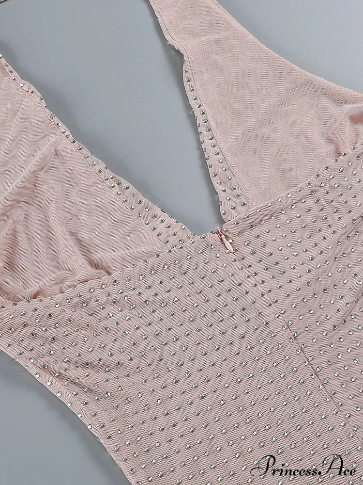 Sexy Halter Neck Low Cut Diamonds Mini Nude Christmas Party Dress