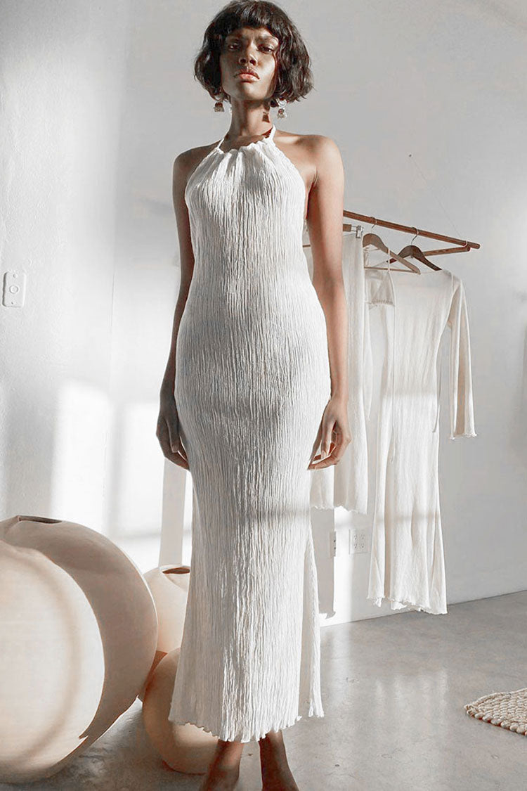 Crinkle Halter Neck Open Back Sleeveless Column Maxi Dress