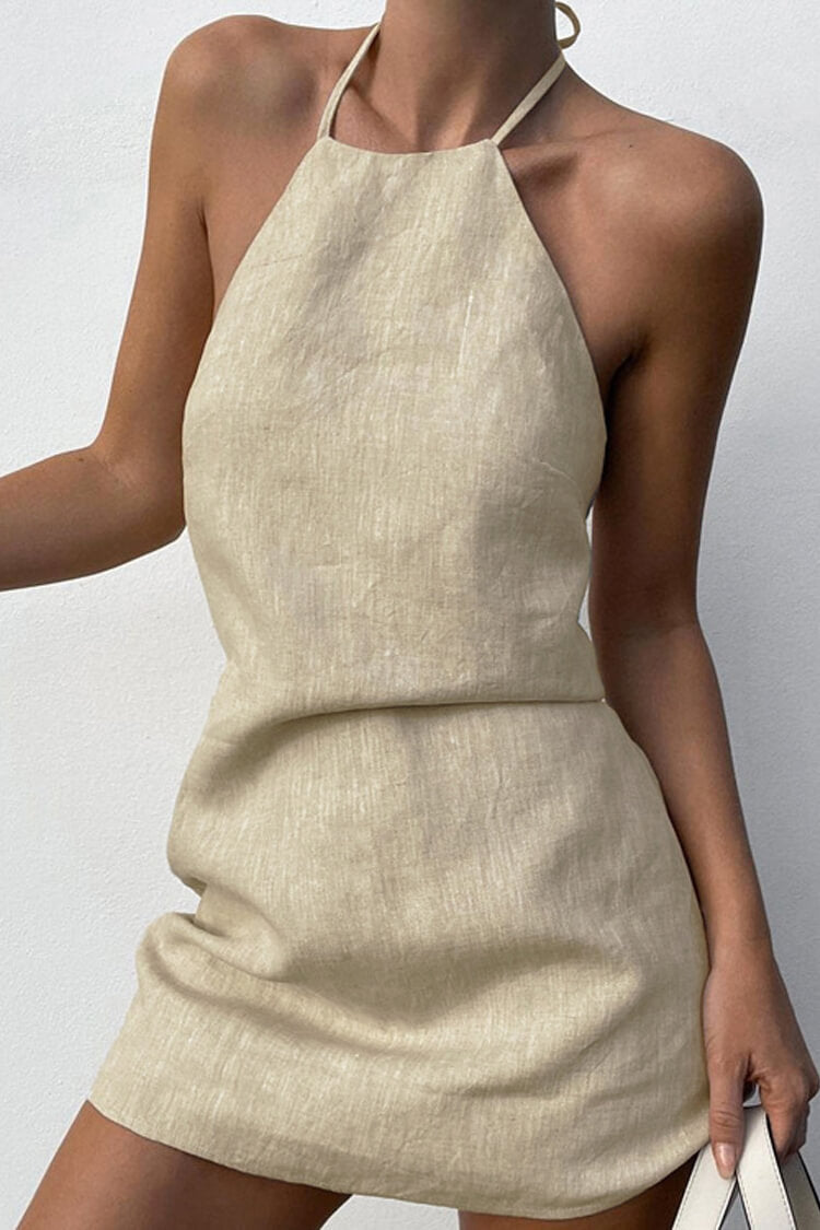 Sexy Halter Tie Open Back Sleeveless Linen Blend Micro Mini Dress