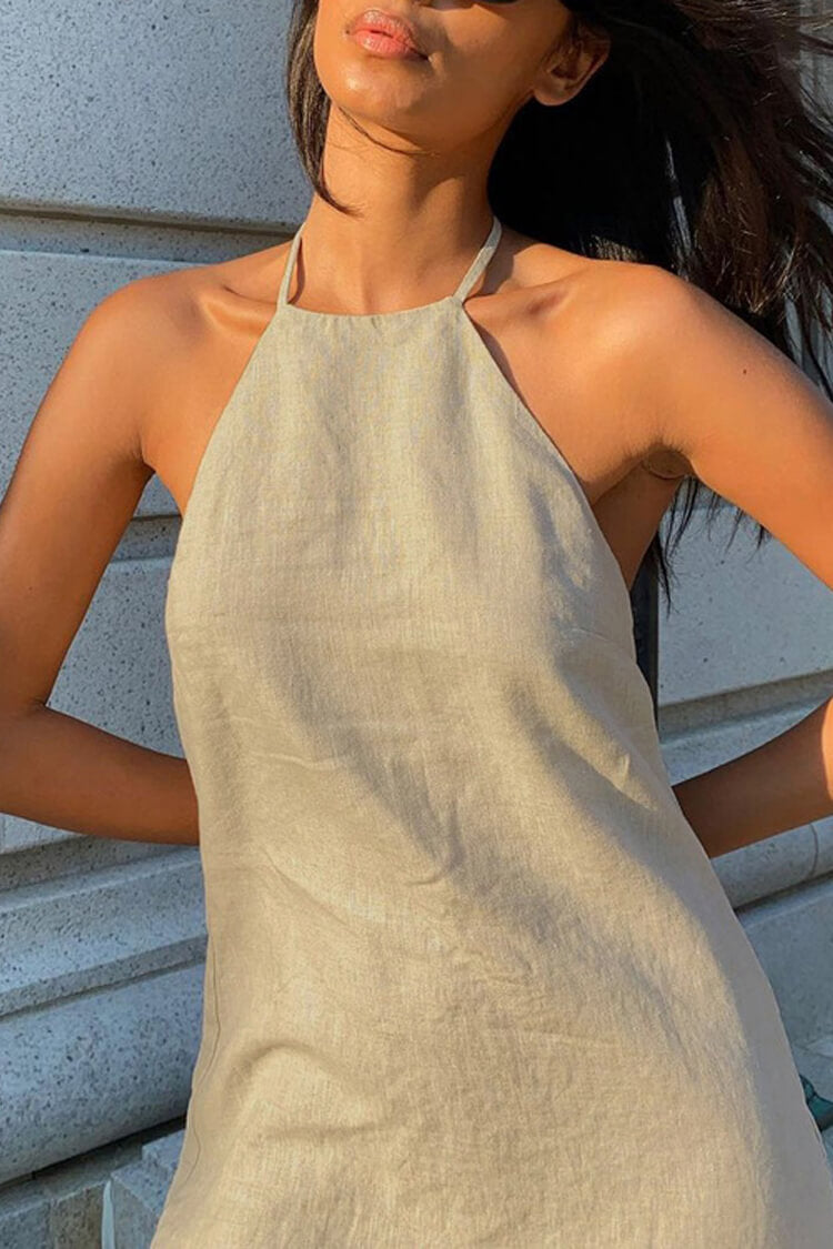 Sexy Halter Tie Open Back Sleeveless Linen Blend Micro Mini Dress