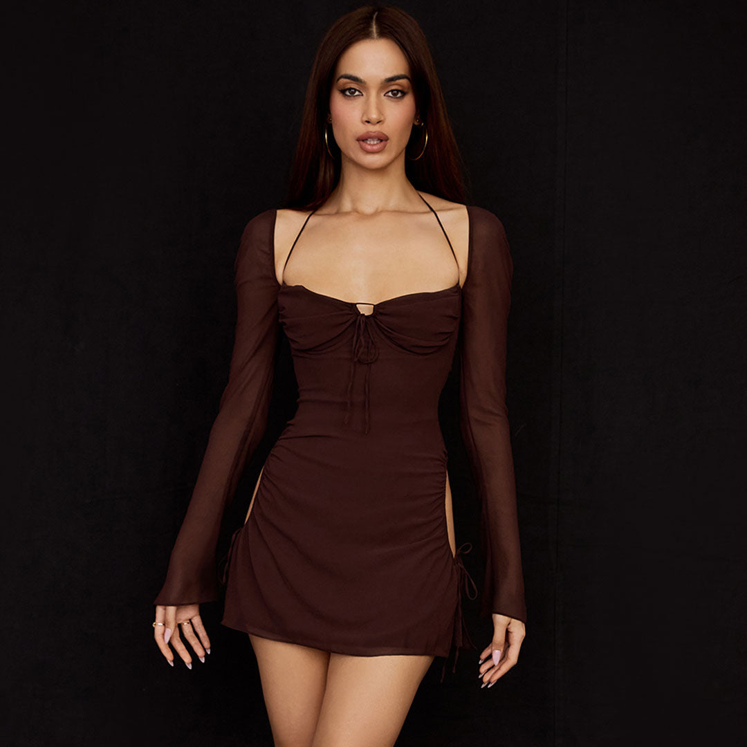 Halter Neck Flare Sleeve Ruched Side Tie Mini Dress