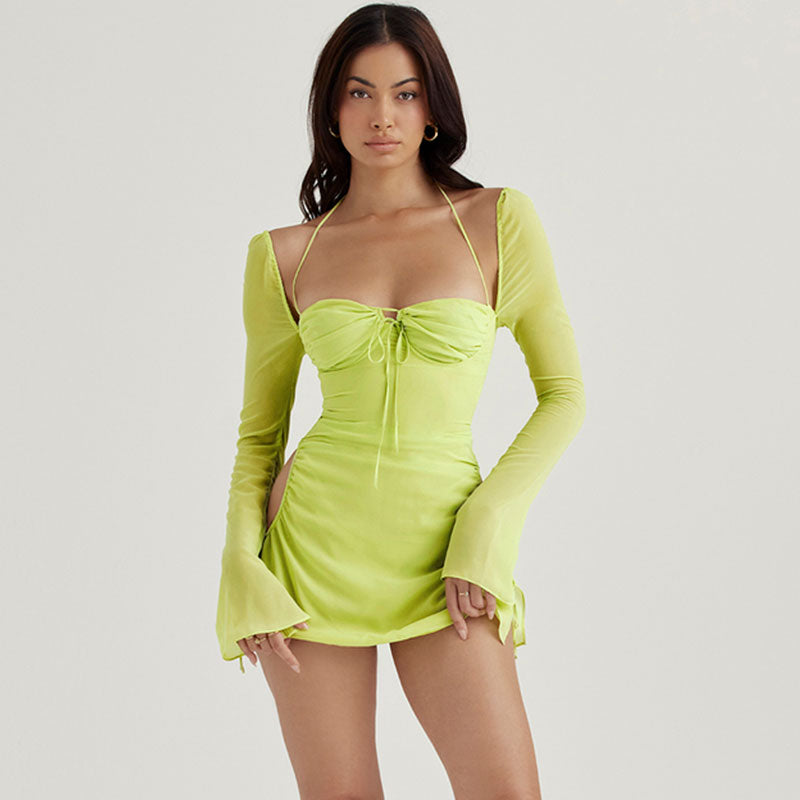Halter Neck Flare Sleeve Ruched Side Tie Mini Dress
