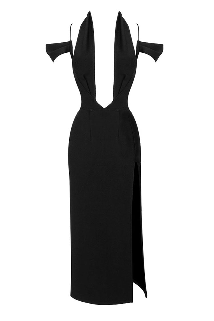 Sexy Halter V Neck Cutout Shoulder Bandage Split Cocktail Midi Dress - Black Fashionpara