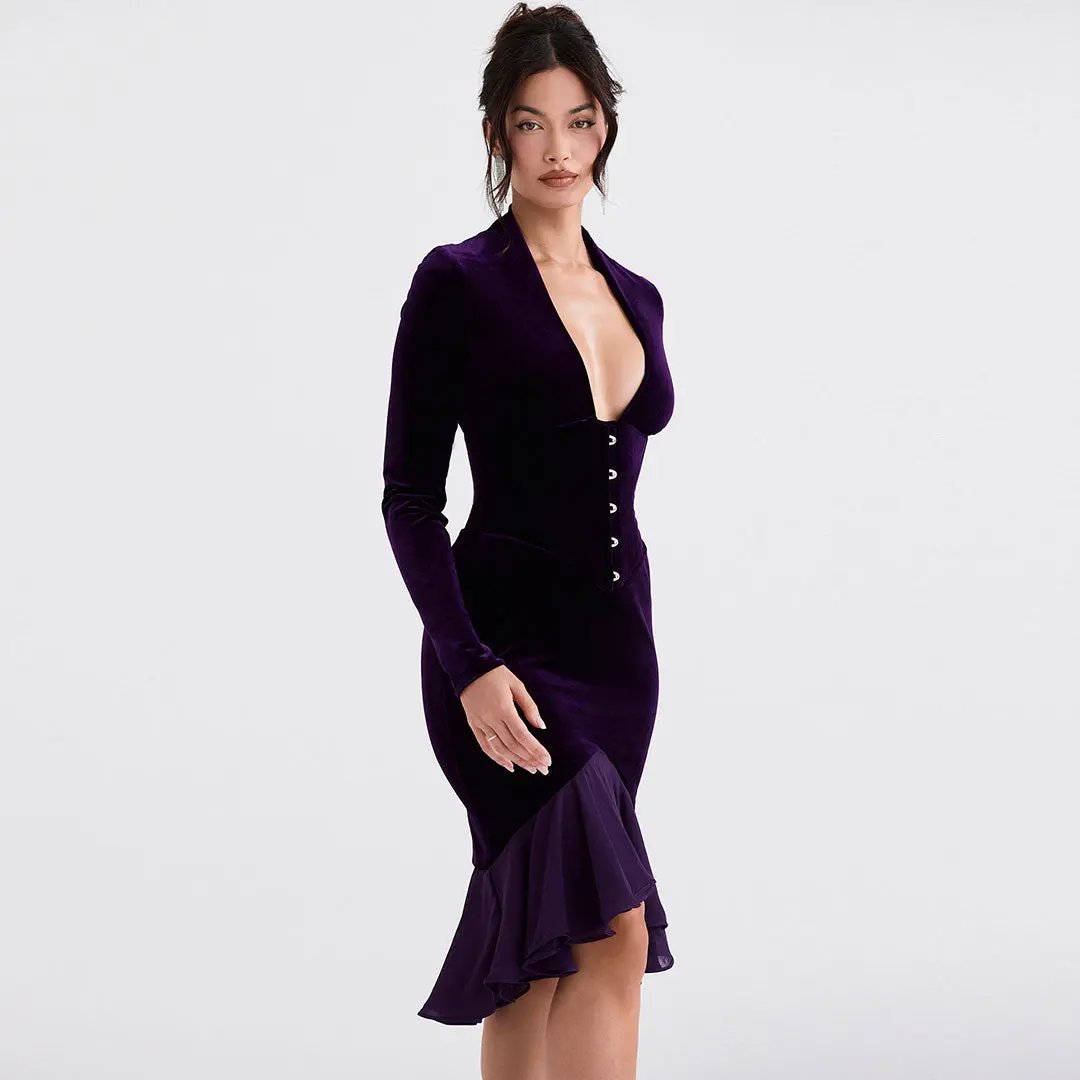 Sexy High Low Mesh Panel Ruffle Hem Long Sleeve Velvet Mini Dress - Purple Fashionpara