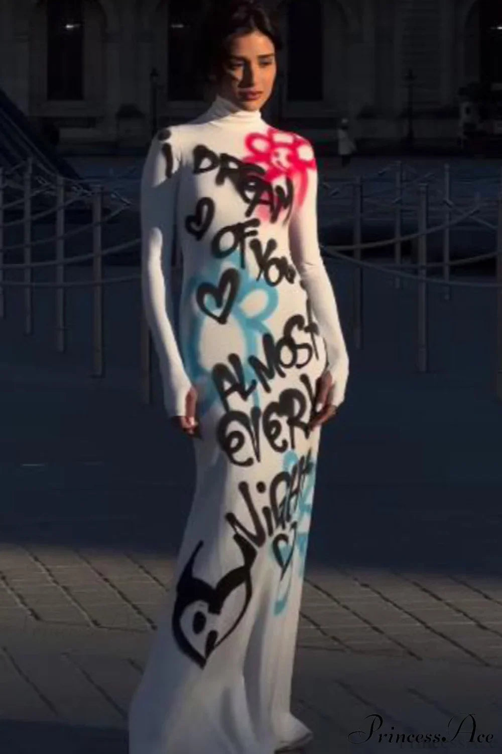 Sexy High Neck Graffiti Color Block Bodycon Maxi Dress