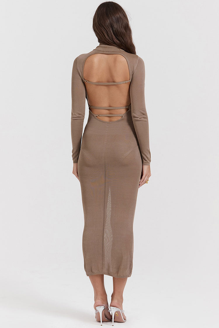 High Neck Long Sleeve Cutout Back Fit Sweater Midi Dress - Khaki - View 6