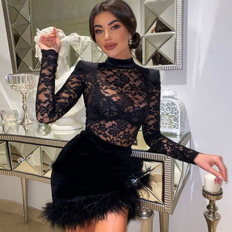 Lace High Neck Long Sleeve Feather Trim Mini Dress