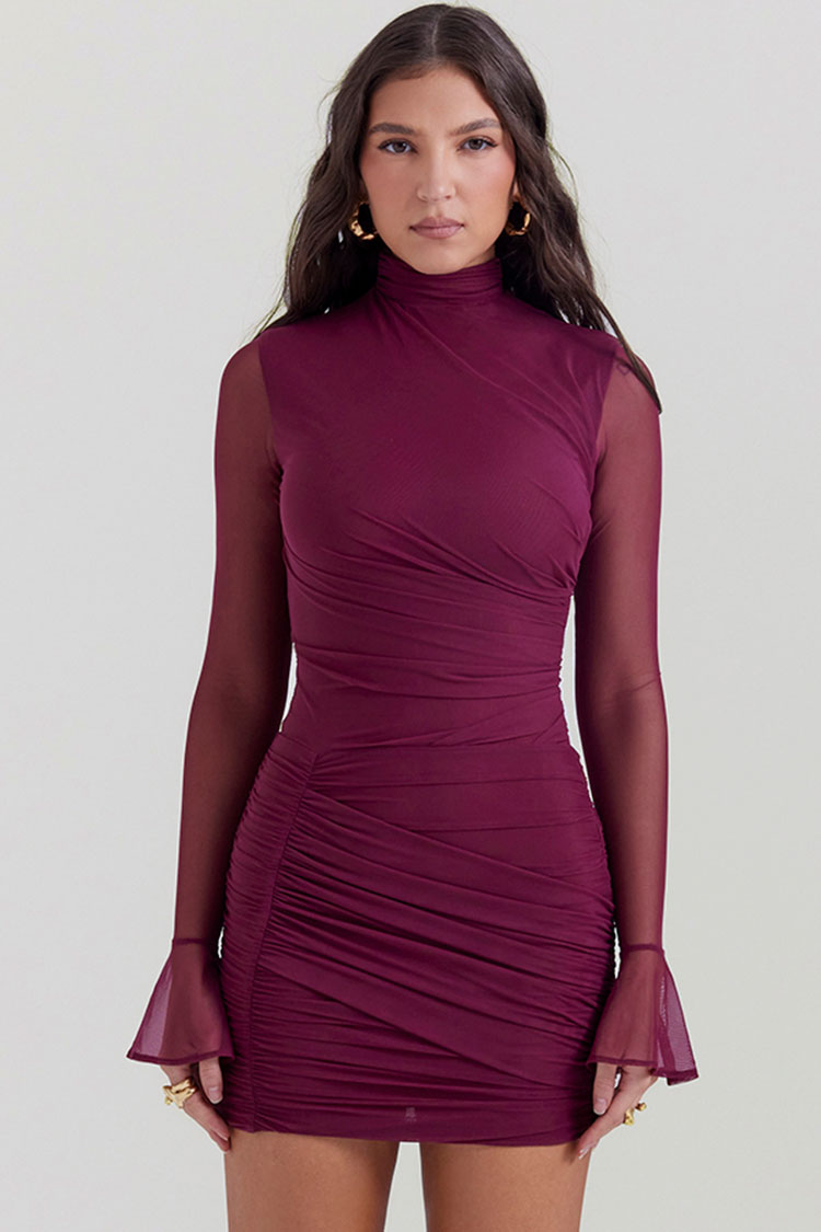 Sexy High Neck Sheer Mesh Long Sleeve Ruched Bodycon Party Mini Dress - Burgundy - Fashionpara
