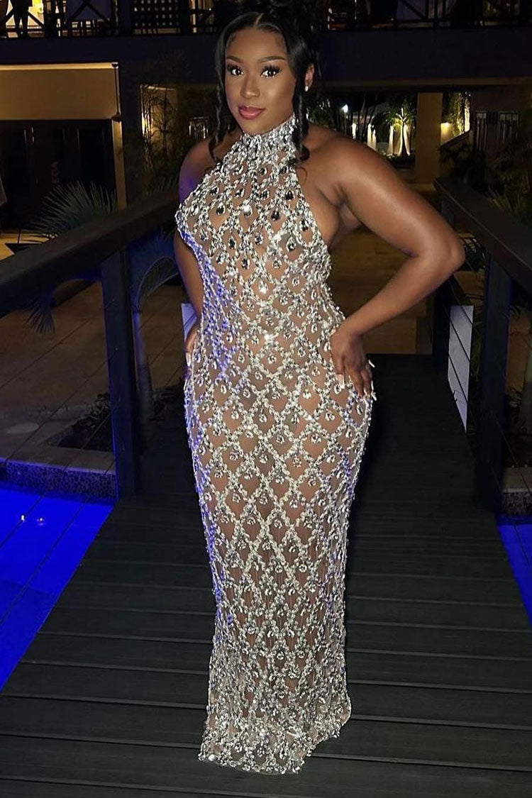 Sexy High Neck Sleeveless Sheer Mesh Rhinestone Sequin Evening Maxi Dress - Silver Fashionpara